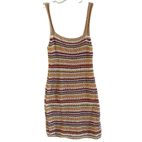 ASOS Pull&Bear Knit Light Brown Strappy Crochet Rainbow Festival Mini Dress- XS - Picture 12 of 14